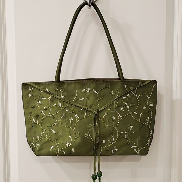 Handbags - Green Silk Style Purse/Tote with Embroidery